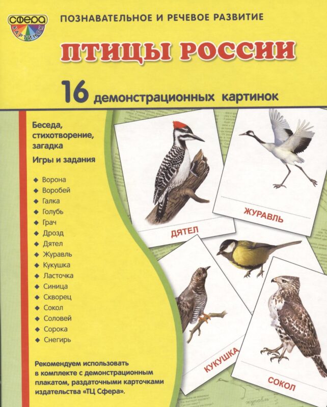 Птицы России. 16 демонстрационных карточек. Беседа, стихотворение, загадка. Игры и задания. Познавательное и речевое развитие