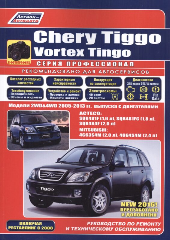 Chery Tiggo. Vortex Tingo в фотографиях. Модели 2WD&4WD 2005-2013 гг. выпуска с бензиновыми двигателями: ACTECO: SQR481F (1,6 л.), SQR481FC (1,8 л.), SQR484F (2,0 л.) и MITSUBISHI 4G63S4M (2,0 л.), 4G64S4M (2,4 л.). Включая рестайлинг с 2008 года