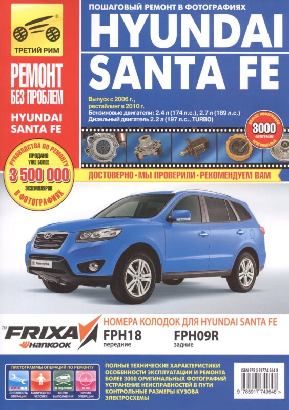 Hyundai Santa Fe c 2006/2010 г., бенз. дв. 2.4 л, 2.7л, диз. дв. 2.2 л. Руководство по эксплуатации, техническому обслуживанию и ремонту.