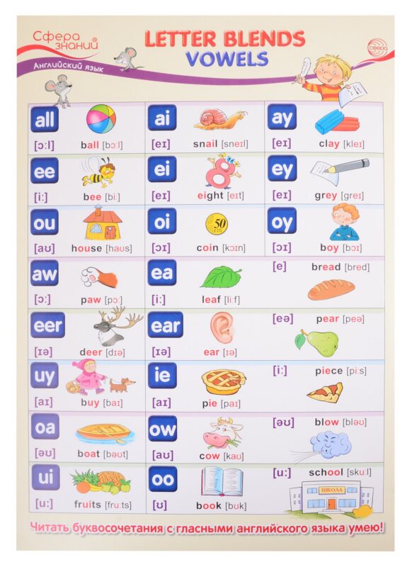 Плакат А3 Английский язык в начальной школе "Letter Blends: Vowels" ("Буквосочетания: гласные")