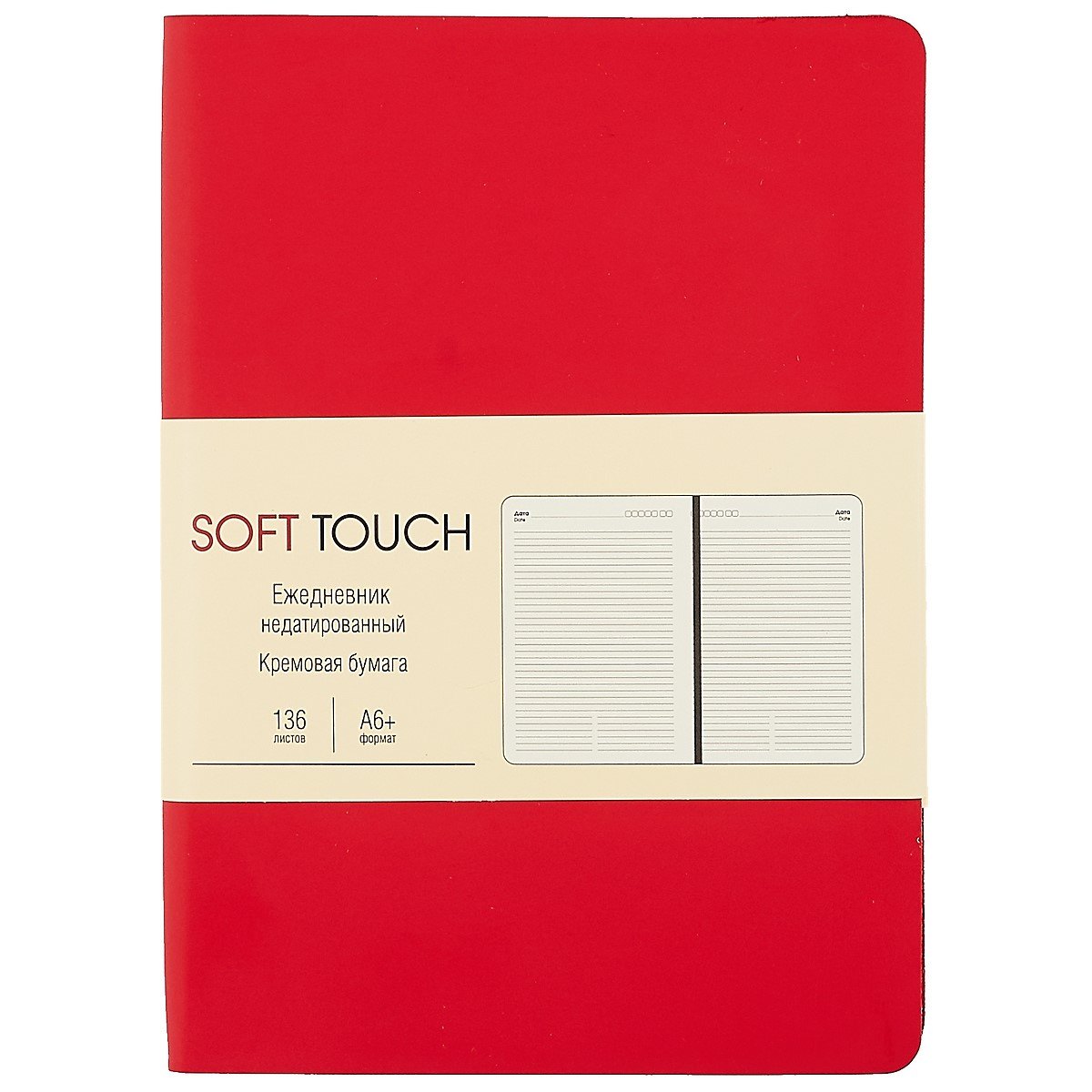 Ежедневник недат. А6 136л "SOFT TOUCH" пламенный красный, интегр.обл., иск.кожа, тонир.блок, скругл.углы, цв.торец, ляссе