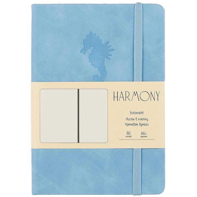 Записная книжка А6+ 80л "Harmony. Голубой" иск.кожа, тв.переплет, термотиснение, ляссе, резинка, инд.уп.