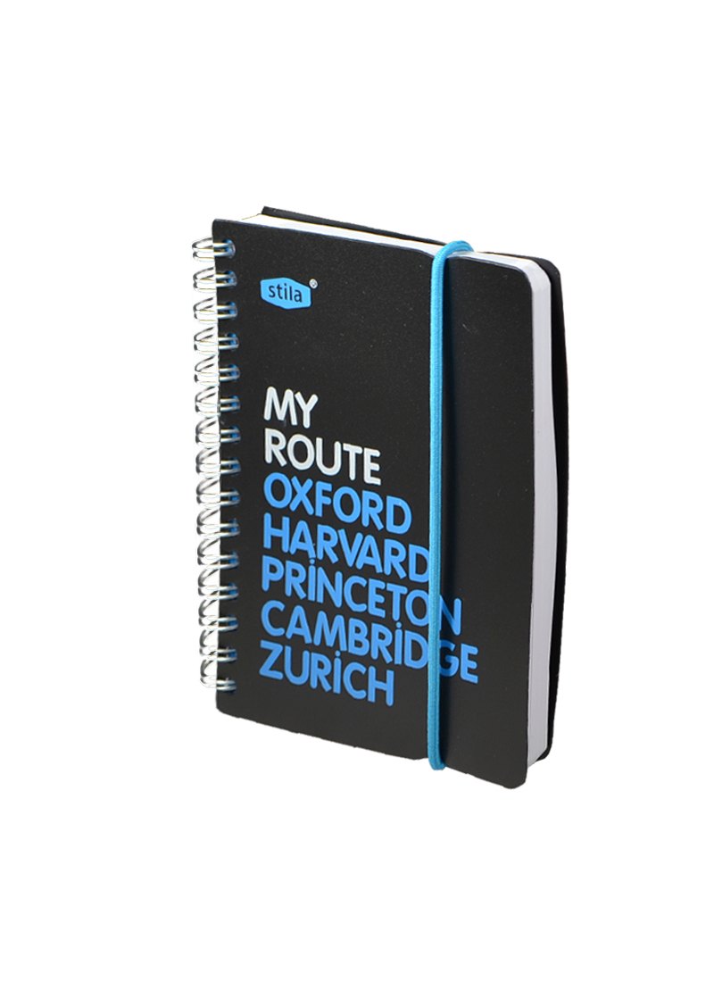 Записная книжка А6 80л лин. "MY ROUTE" спираль, пластик.обл., резинка, черно-голубая, stila
