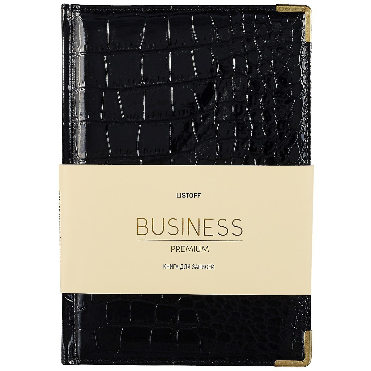 Книга для записей А5 80л "BUSINESS PREMIUM. Grand croco (черный)" иск.кожа, поролон, тв.переплет, мет.уголки, золот.срез, 2 ляссе, инд.уп.
