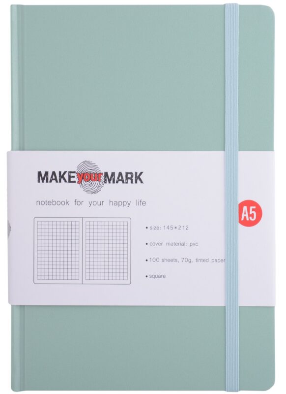 Книга для записей А5 100л кл. "Make your mark" фисташк.тв.переплет, тонир.блок, резинка, ляссе, инд.уп.