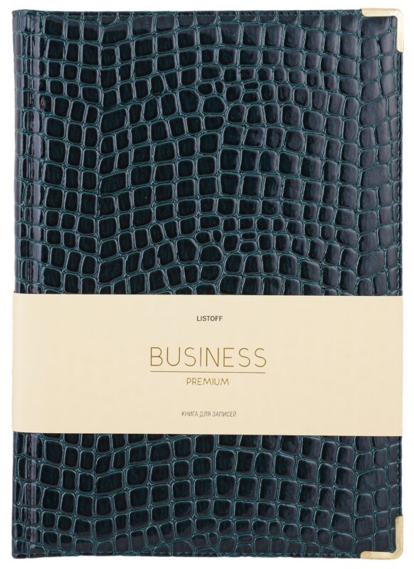 Книга для записей А4 100л кл. "BUSINESS PREMIUM. Iguana (изумрудный)" иск.кожа, поролон, мет.уголки, тонир.блок. зол.торец, 2 ляссе, инд.уп.
