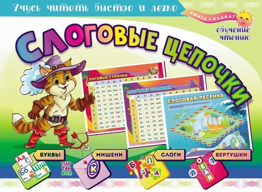 Учебный плакат "Слоговые цепочки. Учусь читать быстро и легко". 8 цветных карт, Формат А4