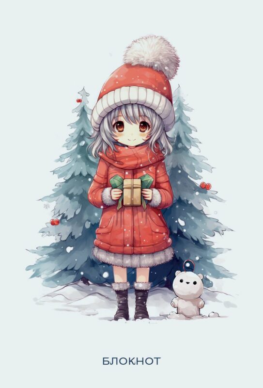 Блокнот А6 48л «Аниме. Новогодний блокнот (белый)», контентный внутр. блок, спираль