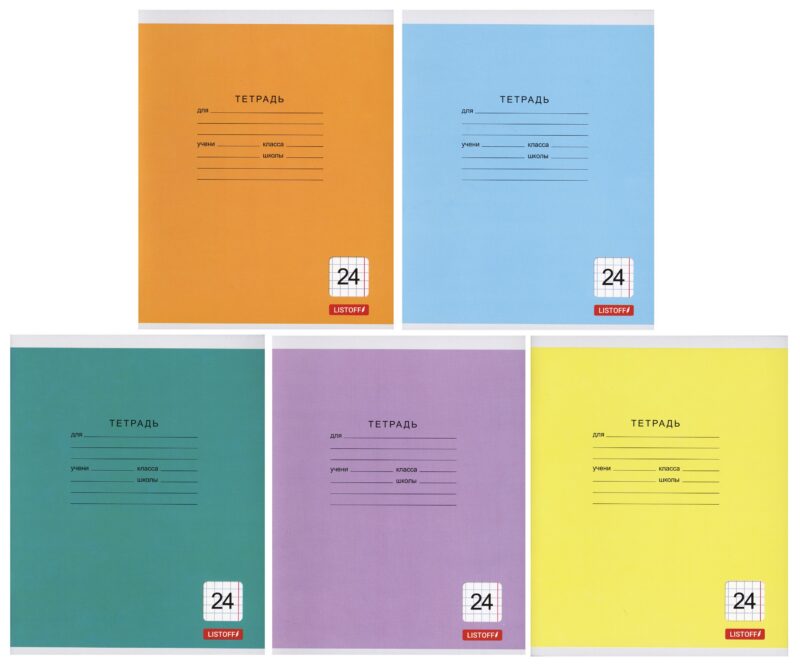 Тетрадь в клетку Listoff, "Однотонная серия", 24 листа, в ассортименте