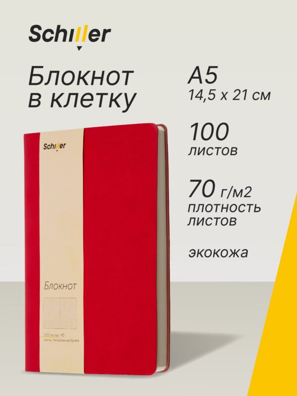 Книга для записей А5, 100 листов в клетку, красная, Schiller