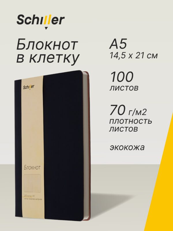 Книга для записей А5, 100 листов в клетку, черная, Schiller