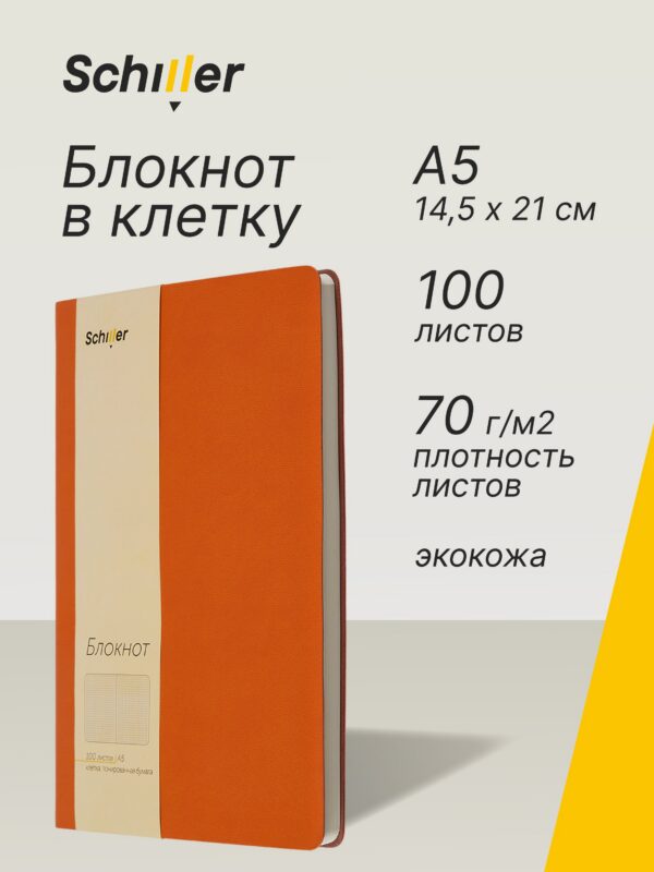 Книга для записей А5, 100 листов в клетку, оранжевая, Schiller