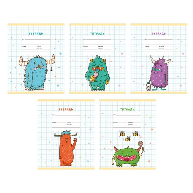 Тетрадь 12л круп.кл. "Монстрики" мел.картон, офсет 60г/м2