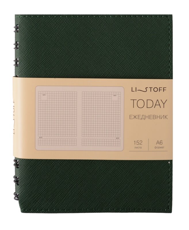 Ежедневник недат. А6 152л "Today" зеленый, иск.кожа, интегр.переплет, тонир.блок, евроспираль, инд.уп