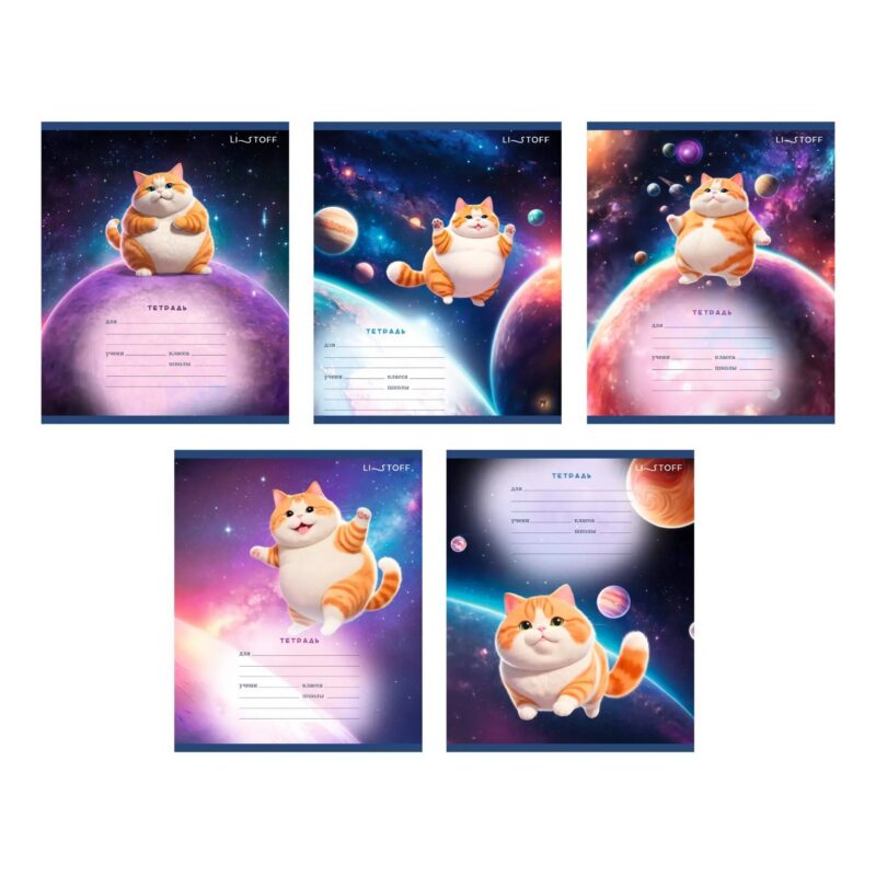 Тетрадь 18л лин. "Космический котик" мел.картон, выб.лак, офсет 60г/м2, поля, ассорти