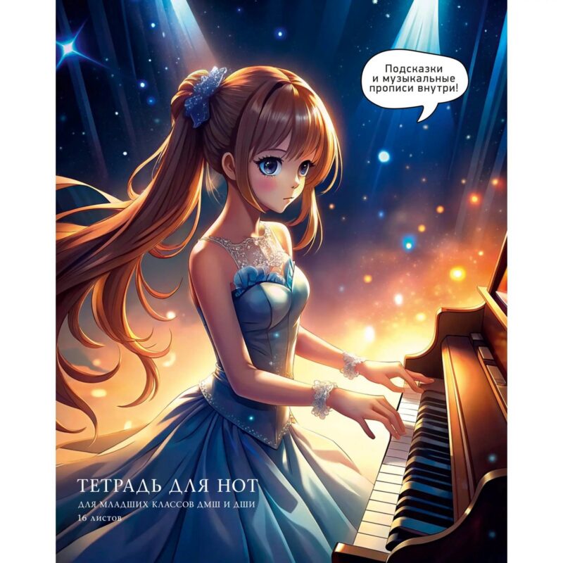 Тетрадь для нот А5 16л "Сказочная соната" скрепка, мел.картон 230г/м2, глянц.ламинация, широкий нот.стан, прописи, справ.инфо