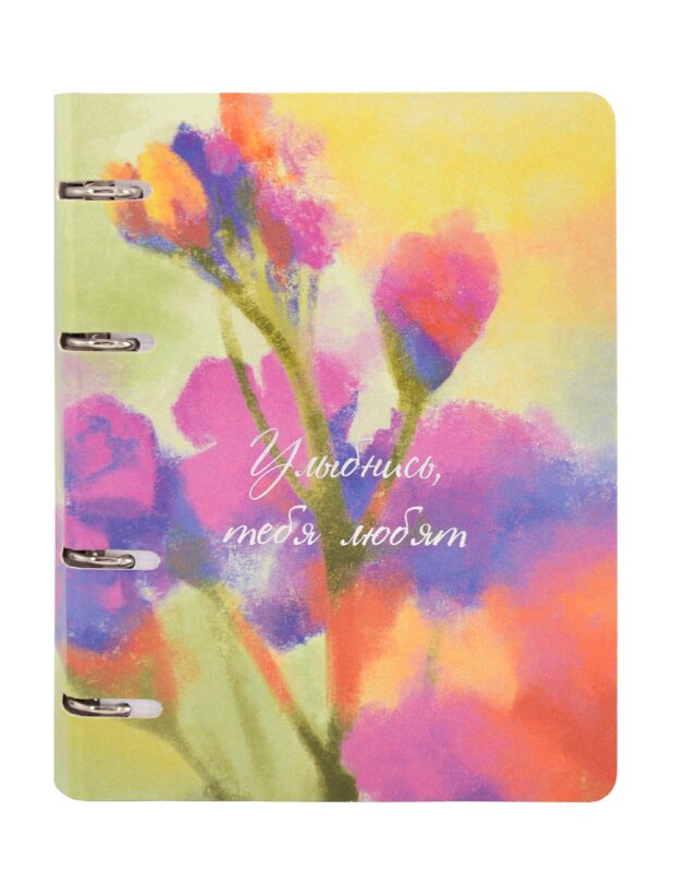 Тетрадь 100л кл. "Улыбнись" на кольцах, мел.картон, глянц.ламинация, тичнение фольгой Серебро, квадр.корешок, скругл.углы