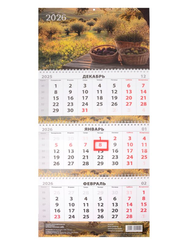 Календарь квартальный 2026г 297*695 "Сады Прованса" настенный, трёхблочный, спираль