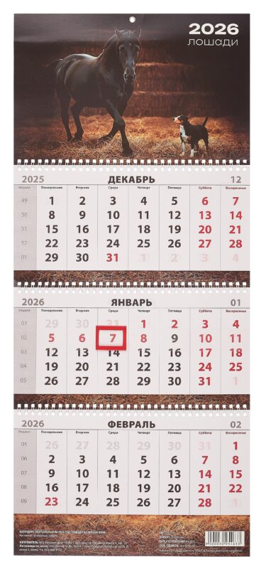 Календарь квартальный 2026г 297*695 "Лошади на черном фоне" настенный, трёхблочный, спираль