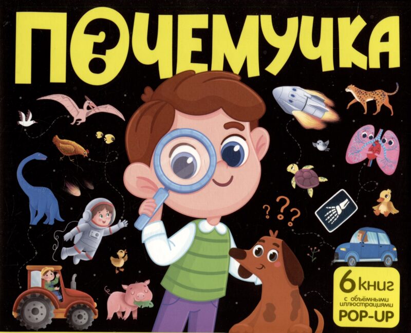 Набор "Почемучка". 6 книг с объёмными иллюстрациями POP-UP: Динозавры. Космос. Машины. Дикие животные. Домашние животные. Анатомия