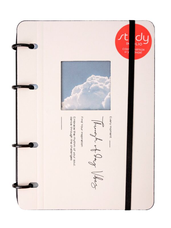 Тетрадь 120л кл. "Sky", белый, на кольцах, шелкография, верт.резинка, обл. кож.зам