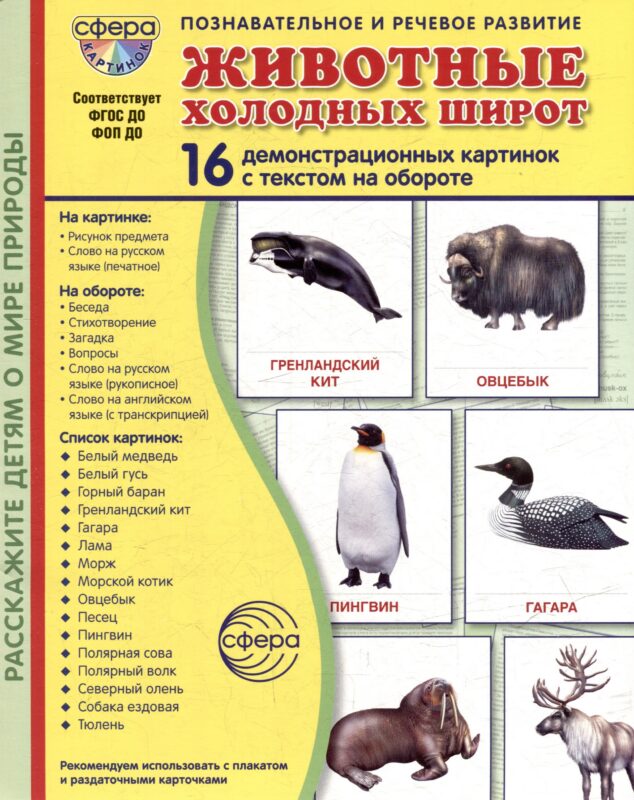 Демонстрационные картинки "Животные холодных широт". 16 демонстрационных картинок с текстом на обороте