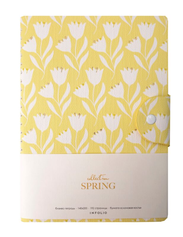 Бизнес-тетрадь А5 96л 140x200 мм "Spring" желтый, иск.кожа, мягк.переплет, полускр. спираль, клетка, клапан на кнопке, тисн.фольгой, нашивка, клетка, тонир.блок, скругл.углы
