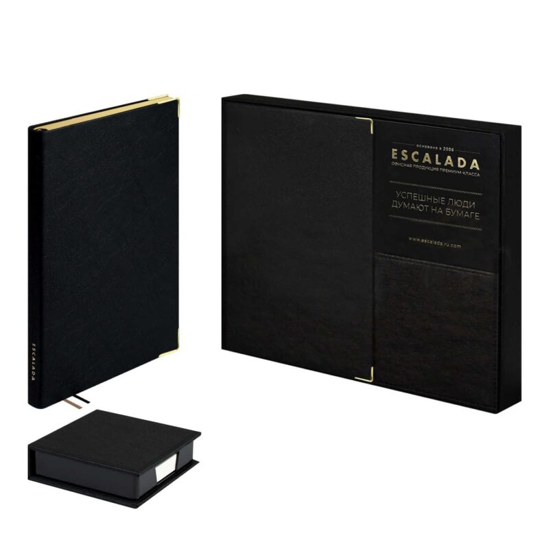 Ежедневник недат. А5 160л "Шеврет глосс" черный, мягк.переплёт, иск.кожа, подставка с бум.блоком с ПВХ-крышкой