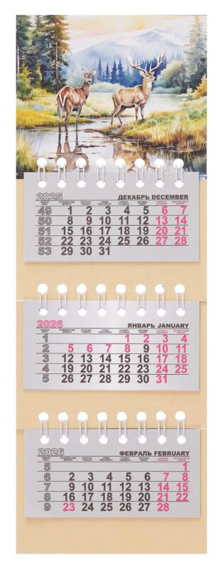 Календарь квартальный 2026г 82*230 "Природа. Олени. аква" на магните