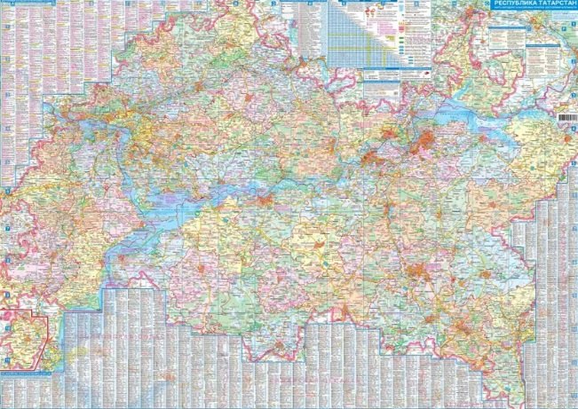 Настенная карта Республики Татарстан. Карта автодорог и населённых пунктов. Достопримечательности (плакат 1.50 х 1.07 м, в 1 см 2.82 км)